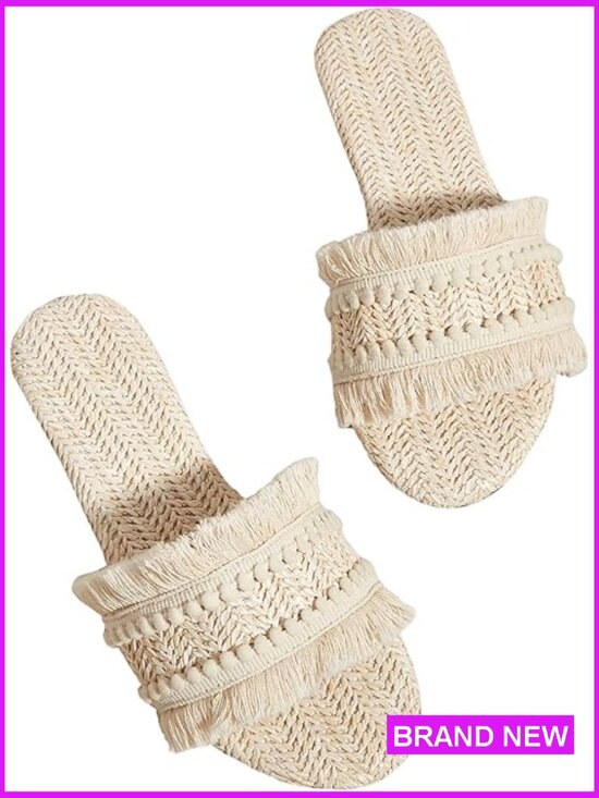 FRZTOUR Women Fringe Straw Sandals Crochet Open Toe Flat Slip On Slide Beach Summer